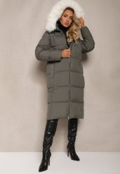 Zielona Długa Pikowana Kurtka z Kapturem i Odpinanym Futerkiem Edariel. Zielone kurtki damskie Renee, na zimę, xl, bez wzorów, z futra, z kapturem. Za 339.99 zł.