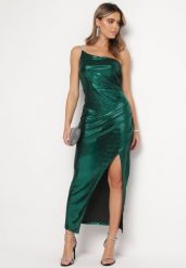 Ciemnozielona Asymetryczna Sukienka Maxi z Metalicznym Połyskiem i Marszczeniami Osima. Zielone sukienki damskie Born2be, l, bez wzorów, z asymetrycznym kołnierzem, bez ramiączek, maxi, asymetryczne. Za 49.99 zł.