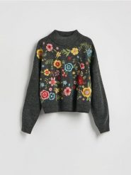 Wzorzysty sweter - ciemnoszary. Szare swetry klasyczne damskie Reserved, l, z dzianiny, bez kołnierzyka. Za 179.99 zł.