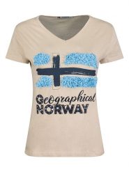 Geographical Norway Koszulka "Jarine" w kolorze beżowym rozmiar: S. Brązowe bluzki damskie Geographical Norway, s, bez wzorów, bez kołnierzyka, bez ramiączek. Za 43.88 zł.