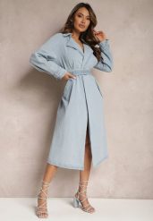 Niebieski Płaszcz z Jeansu z Przetarciami i Paskiem ze Sprzączką Umiorrea. Niebieskie płaszcze damskie Renee, m, bez wzorów, z denimu, eleganckie. Za 179.99 zł.