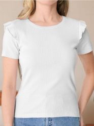 Prążkowana koszulka z falbankami - biały. Białe t-shirty damskie Sinsay, l, bez wzorów, prążkowane, bez kołnierzyka. Za 25.99 zł.