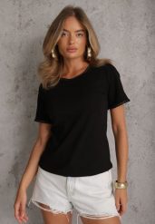 Czarny Gładki T-shirt Bawełniany z Ozdobnymi Lamówkami z Warkoczowego Splotu Thalia. Czarne t-shirty damskie Renee, m, bez wzorów, z bawełny, bez kołnierzyka. Za 49.99 zł.