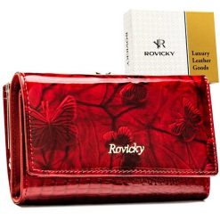 Średni portfel damski z czerwonej, lakierowanej skóry naturalnej, zdobiony wzorem w motyle - Rovicky. Czerwone portfele damskie z aplikacjami, ze skóry. Za 84.00 zł.