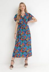 Niebieska Wiskozowa Sukienka Maxi w Kwiaty z Gumką w Talii i Kopertowym Dekoltem Trelline. Niebieskie sukienki damskie Born2be, l, bez wzorów, z wiskozy, bez kołnierzyka, bez ramiączek, maxi, kopertowe. W wyprzedaży za 55.99 zł.