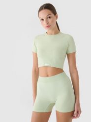 4F Crop top treningowy slim szybkoschnący damski - turkusowy M/L. Niebieskie topy damskie 4f, l, bez wzorów, z dzianiny, bez ramiączek. Za 39.99 zł.