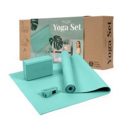 Zestaw do jogi myga Yoga Starter Kit: mata, klocek, pasek - turkusowy. Niebieskie paski damskie Myga, bez wzorów, sportowe. Za 139.99 zł.