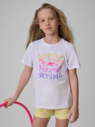 4F T-shirt regular z nadrukiem dziewczęcy - biały 140 (9-10 lat). Białe koszulki dziewczęce 4f, bez wzorów, z bawełny, bez ramiączek. Za 49.99 zł.