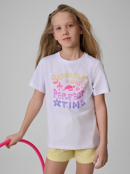 4F T-shirt regular z nadrukiem dziewczęcy - biały 152 (11-12 lat). Białe koszulki dziewczęce 4f, bez wzorów, z bawełny, bez ramiączek. Za 49.99 zł.