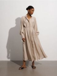 Sukienka maxi z dodatkiem lnu - beżowy. Brązowe sukienki damskie Reserved, na co dzień, l, bez wzorów, z lyocellu, bez kołnierzyka, bez ramiączek, maxi, proste. W wyprzedaży za 179.99 zł.