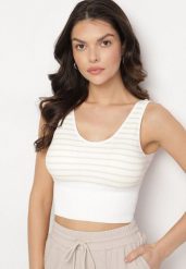 Biało-Beżowy Tank Top w Paski z Prążkowanej Tkaniny Sesillia. Brązowe topy damskie Born2be, s, bez wzorów, z jeansu, bez kołnierzyka. Za 24.99 zł.