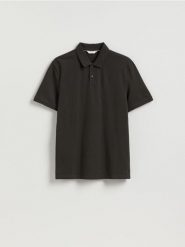 Koszulka polo regular ze strukturalnej dzianiny - ciemnoszary. Szare koszulki polo męskie Reserved, l, bez wzorów, z bawełny, bez ramiączek. Za 99.99 zł.