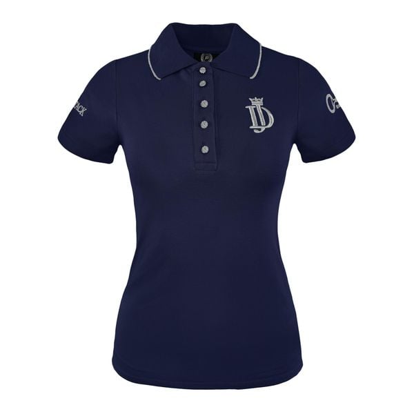 Koszulka polo jeździecka Marta granatowa. Niebieskie bluzki sportowe damskie JD ATTACK, xs, z bawełny, bez kołnierzyka, bez ramiączek. Za 129.99 zł.