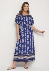 Niebieska Pudełkowa Sukienka z Wiskozy w Etniczny Wzór Mirosela. Niebieskie sukienki damskie Born2be, na co dzień, s, bez wzorów, z materiału, eleganckie, bez kołnierzyka, bez ramiączek, maxi. W wyprzedaży za 59.99 zł.