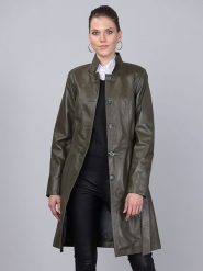 Basics & More Skórzany płaszcz w kolorze ciemnozielonym rozmiar: XL. Brązowe płaszcze damskie Basics & More, xl, bez wzorów, ze skóry. Za 549.06 zł.