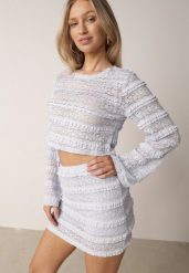 Niebieski Koronkowy Komplet Bluzka z Długim Rękawem i Spódnico-Spodenki Lupeiros. Niebieskie szorty damskie Born2be, bez wzorów, z koronki, eleganckie. Za 269.99 zł.