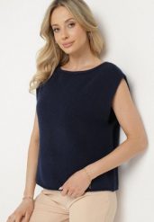 Granatowa Kamizelka w Klasycznym Stylu z Wełną Felzeki. Niebieskie kamizelki damskie Born2be, z jeansu. Za 99.99 zł.