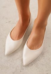 Jasnobeżowe Balerinki ze Szpiczastymi Noskami w Eleganckim Stylu Lagenaria. Brązowe baleriny damskie Renee, bez wzorów, z jeansu, bez obcasa. Za 59.99 zł.