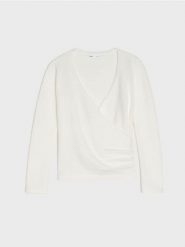 Sweter z kopertowym dekoltem z domieszką wełny - kremowy. Białe swetry klasyczne damskie Sinsay, l, z wełny, bez kołnierzyka. Za 59.99 zł.