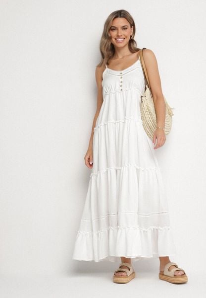 Biała Sukienka z Wiskozy i Bawełny Rozkloszowana na Ramiączkach Mimina. Białe sukienki damskie Born2be, na co dzień, na lato, m, z aplikacjami, z bawełny, bez kołnierzyka, bez ramiączek, maxi, rozkloszowane. Za 169.99 zł.