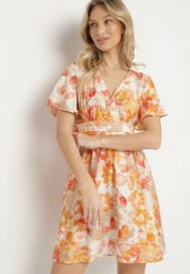 Pomarańczowa Sukienka z Kopertowym Dekoltem z Wiskozą w Kwiaty Sovedia. Brązowe sukienki damskie Born2be, na lato, l, bez wzorów, z wiskozy, eleganckie, bez kołnierzyka, bez ramiączek, mini, kopertowe. W wyprzedaży za 51.99 zł.