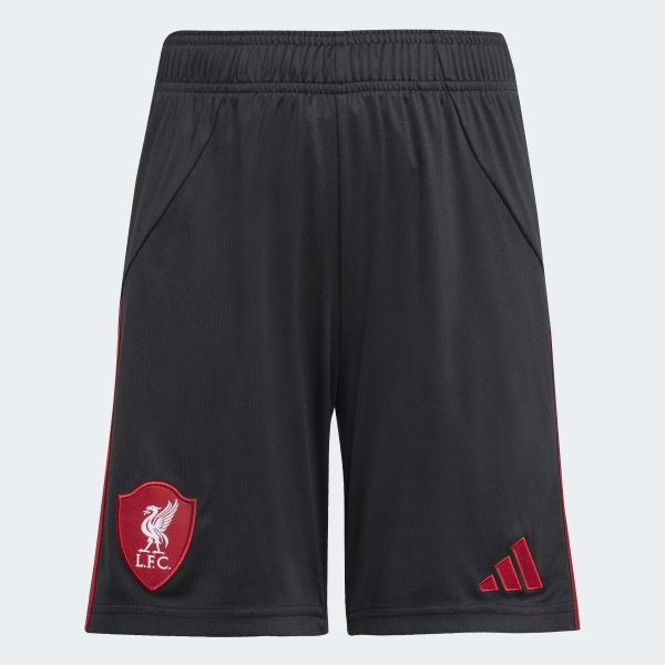Szorty wyjazdowe Liverpool FC 25/26. Czarne szorty damskie Adidas, bez wzorów, z materiału, klasyczne, z standardowym stanem. Za 179.00 zł.