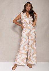 Beżowy Kombinezon z Szerokimi Nogawkami Gumką w Talii w Abstrakcyjny Print Privia. Brązowe kombinezony damskie Renee, bez wzorów, z tkaniny, eleganckie, bez kołnierzyka, bez ramiączek. Za 109.99 zł.