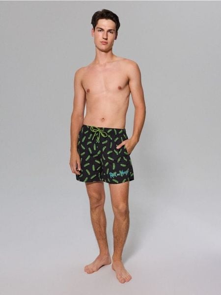 Szorty kąpielowe z napisem Rick and Morty - czarny. Czarne szorty sportowe męskie Sinsay, l. W wyprzedaży za 22.99 zł.