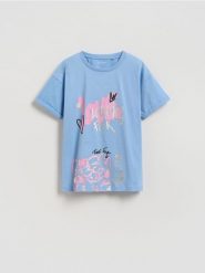 T-shirt z nadrukiem - niebieski. Niebieskie koszulki dziewczęce Reserved, bez wzorów, z bawełny, bez ramiączek. Za 39.99 zł.