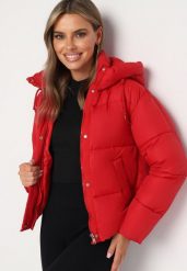Czerwona Pikowana Kurtka Puffer z Kapturem Miviera. Czerwone kurtki damskie Born2be, na zimę, m, bez wzorów, z dzianiny, z kapturem. Za 129.99 zł.