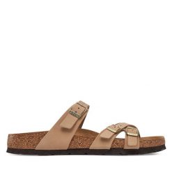 Klapki Birkenstock. Brązowe klapki damskie Birkenstock, bez wzorów, bez obcasa. Za 409.99 zł.