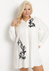 Biała Koszulowa Sukienka z Wiskozy Zdobiona Kwiatowym Haftem Nalilsa. Białe sukienki damskie Born2be, na co dzień, plus size, z aplikacjami, z wiskozy, eleganckie, bez kołnierzyka, plus size, bez ramiączek, mini, koszulowe. W wyprzedaży za 95.99 zł.