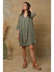 Joséfine Lniana sukienka "Mouna" w kolorze khaki rozmiar: XXL. Brązowe sukienki damskie Joséfine, xxl, bez wzorów, ze lnu, bez kołnierzyka, bez ramiączek, midi. Za 152.99 zł.