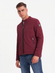 Męska kurtka o kroju biker ze strukturalnego materiału – bordowa V2. Czerwone kurtki męskie Ombre Clothing, m, bez wzorów, eleganckie, bez kaptura. W wyprzedaży za 79.99 zł.