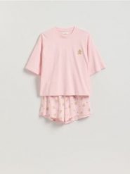 Świąteczna piżama dwuczęściowa - pastelowy róż. Czerwone piżamy damskie Reserved, l, bez wzorów, z bawełny, bez ramiączek. Za 59.99 zł.