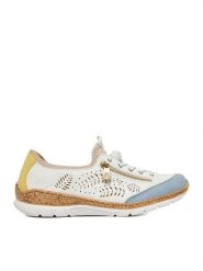 Rieker Półbuty N42K6-80 Biały. Białe półbuty damskie Rieker, bez wzorów, z materiału, bez obcasa, na płaskiej podeszwie. Za 359.99 zł.