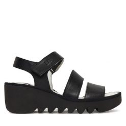 Sandały Fly London. Czarne sandały damskie Fly London, bez wzorów, bez obcasa, na koturnie. Za 547.99 zł.