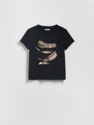 T-shirt z nadrukiem - czarny. Czarne t-shirty damskie Reserved, l, bez wzorów, z bawełny, bez kołnierzyka. W wyprzedaży za 29.99 zł.