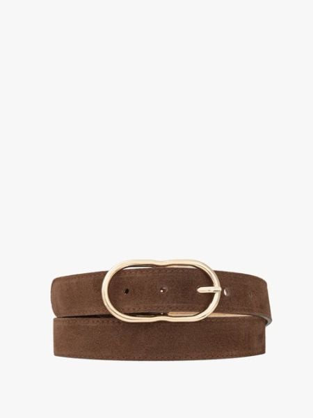 Jasnobrązowy welurowy pasek damski ze złotą klamrą. Brązowe paski damskie Ryłko, bez wzorów, ze skóry. Za 129.99 zł.