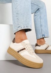 Beżowe Sneakersy Kultowe Tenisówki na Grubej Podeszwie Ozdobione Wzorem w Panterkę Gonelis. Brązowe trampki i tenisówki damskie Renee, bez wzorów, z jeansu. Za 79.99 zł.