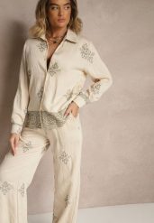 Beżowy Wiskozowy Komplet z Haftowanymi Zdobieniami Koszula i Spodnie Iffina. Brązowe koszule damskie Renee, z aplikacjami, z wiskozy, eleganckie. Za 119.99 zł.