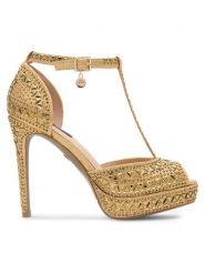 Nine West Sandały NISA SY015-1NW Złoty. Żółte sandały damskie Nine West, bez wzorów, z materiału, bez obcasa, na szpilce. Za 149.99 zł.