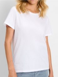 Koszulka - biały. Białe t-shirty damskie Sinsay, l, bez wzorów, z bawełny, bez kołnierzyka. Za 9.99 zł.