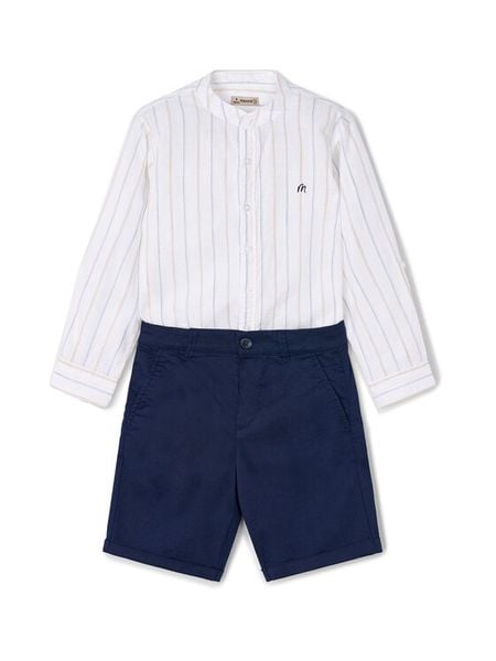 Mayoral Komplet koszula i szorty materiałowe 3230 Granatowy Regular Fit. Niebieskie koszule chłopięce Mayoral, bez wzorów, z bawełny, bez kołnierzyka, bez ramiączek. Za 119.99 zł.