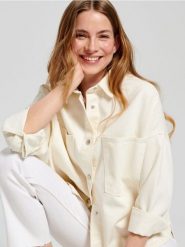 Kurtka jeansowa - kremowy. Białe kurtki damskie Sinsay, l, bez wzorów, z jeansu, bez kaptura. Za 99.99 zł.