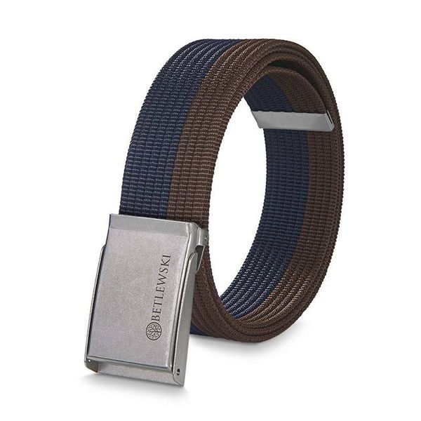 Pasek parciany BETLEWSKI PRC-10_SR-1 M brązowo-granatowy. Brązowe paski męskie Betlewski, bez wzorów, z materiału. Za 39.99 zł.