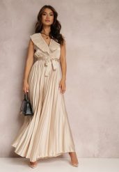 Beżowy Kombinezon Plisowany Hyrmane. Brązowe kombinezony damskie Renee, m, bez wzorów, eleganckie, bez kołnierzyka, bez ramiączek, długie. Za 149.99 zł.