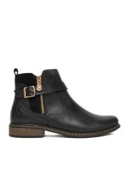 Rieker Botki Z4959-00 Czarny. Czarne botki damskie Rieker, ze skóry, bez obcasa, na płaskiej podeszwie, bez zapięcia. Za 329.99 zł.