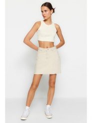 Trendyol Spódnica dżinsowa w kolorze kremowym rozmiar: 36. Brązowe spódniczki damskie Trendyol, bez wzorów, z bawełny, klasyczne, z podwyższonym stanem, mini, proste. Za 82.64 zł.