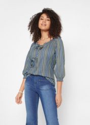 Tunika shirtowa z rękawami 3/4, w paski. Niebieskie tuniki damskie bonprix, bez wzorów, bez kołnierzyka, bez ramiączek. Za 64.99 zł.